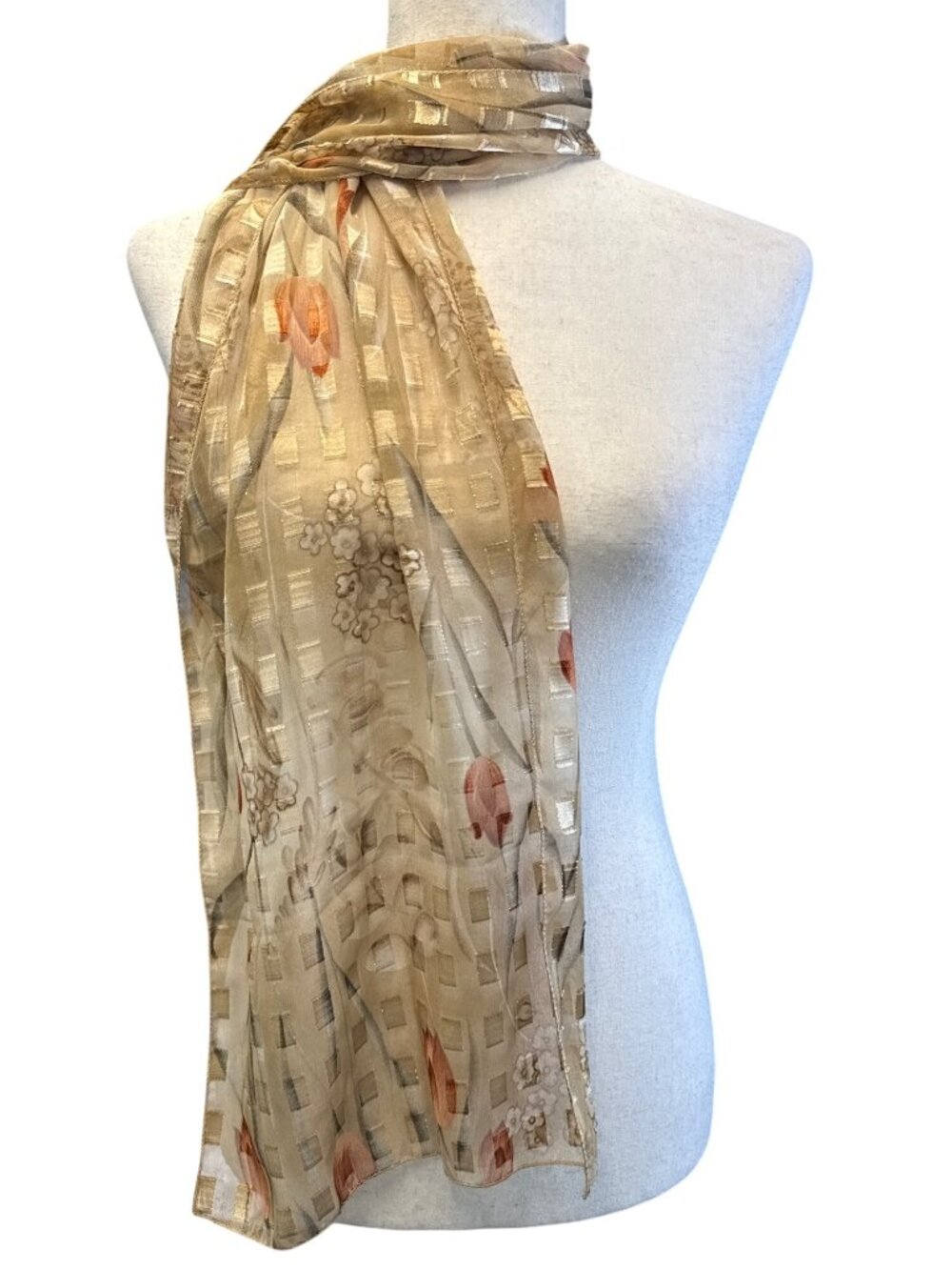 Floral Sheer Chiffon Scarf with Gold Metallic Grid Pattern L2 28